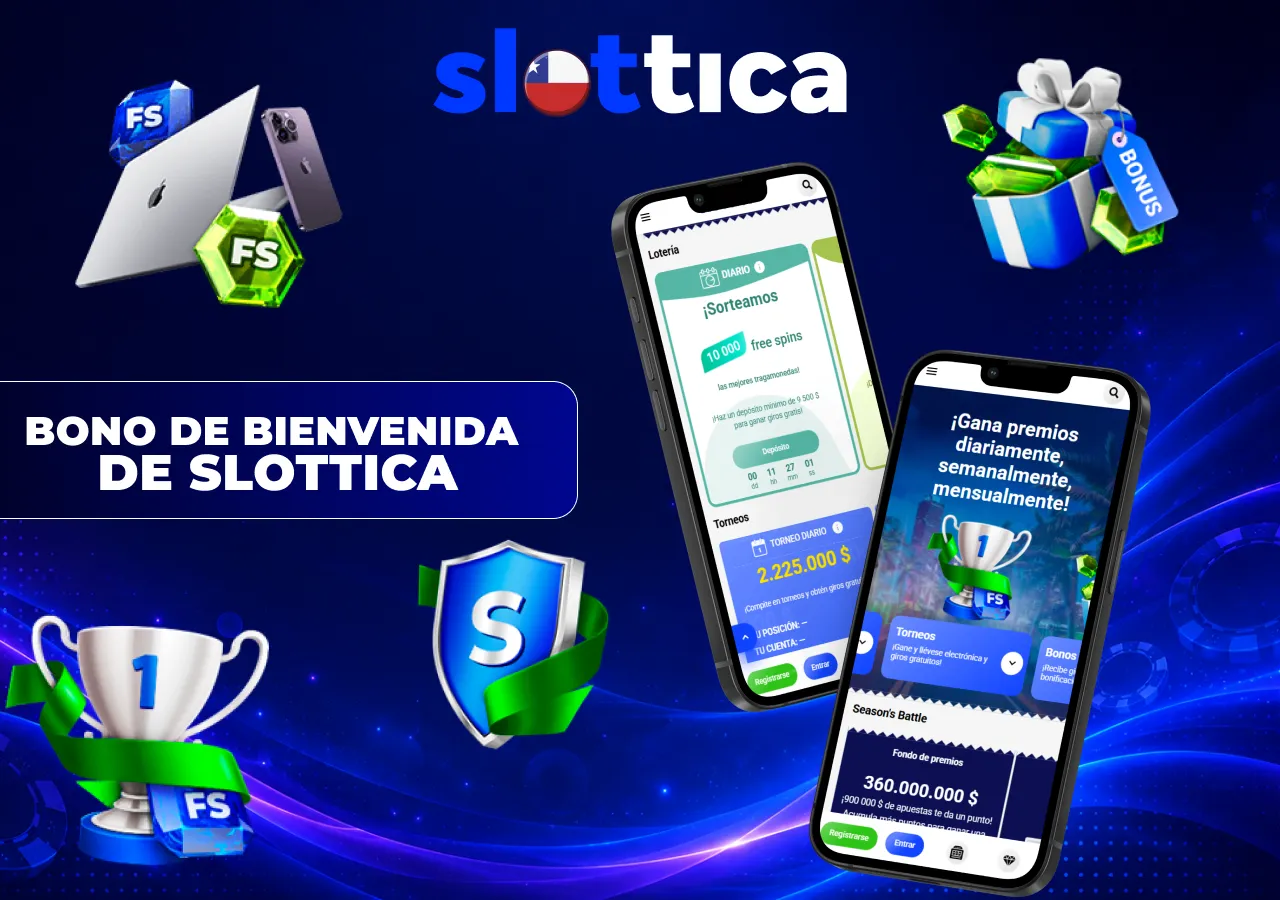 Bono de bienvenida de Slottica con promociones, premios y giros gratis para nuevos jugadores.